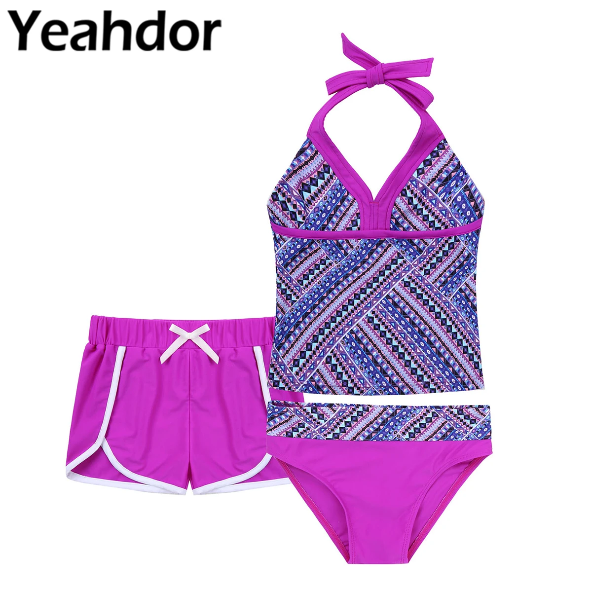 3Pcs Kids Girls Swimwear Swimming Bathing Suits 2021 Halter Neck Straps Self Tie Top Briefs Boyshorts Set Beachwear Swimsuits