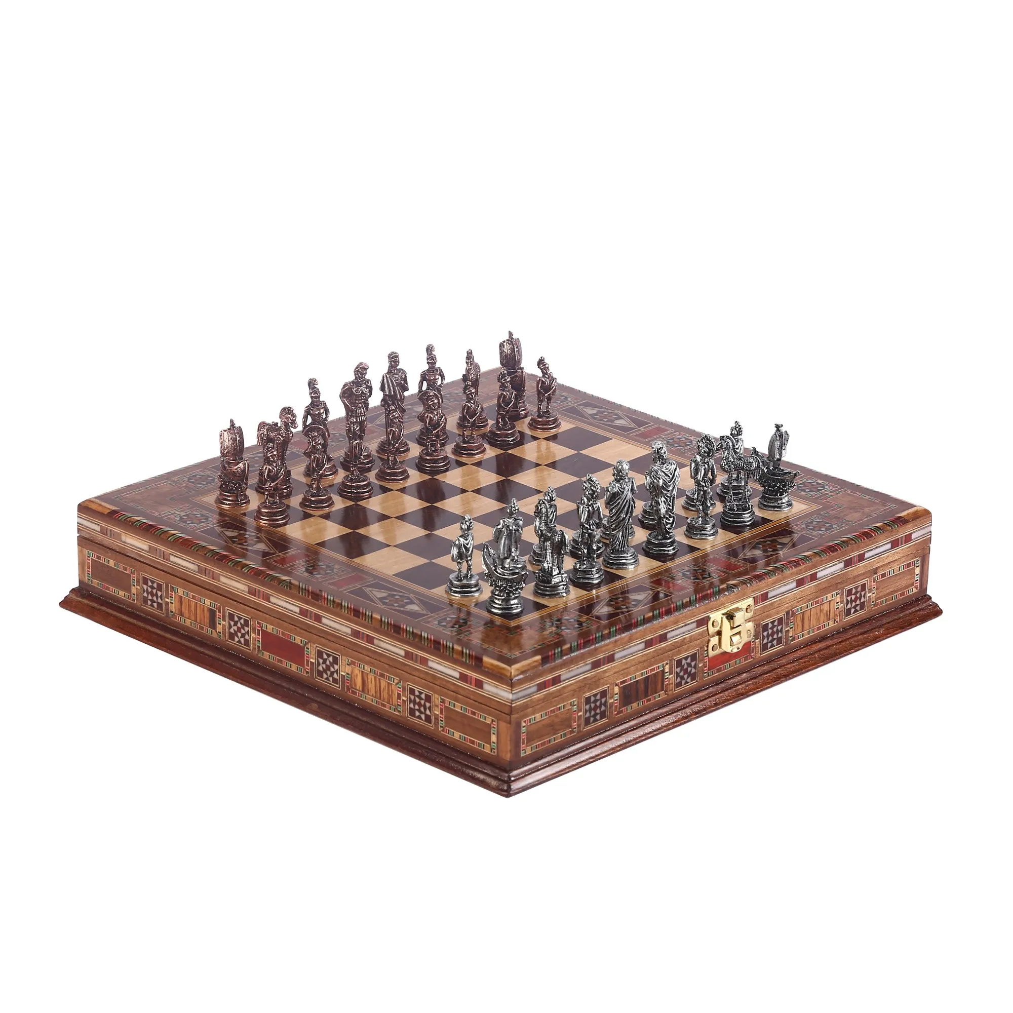 Antique Copper Troy Figures Metal Chess Set, Handmade Pieces, Natural Solid Wooden Chessboard, storage Inside Small Size King 5cm