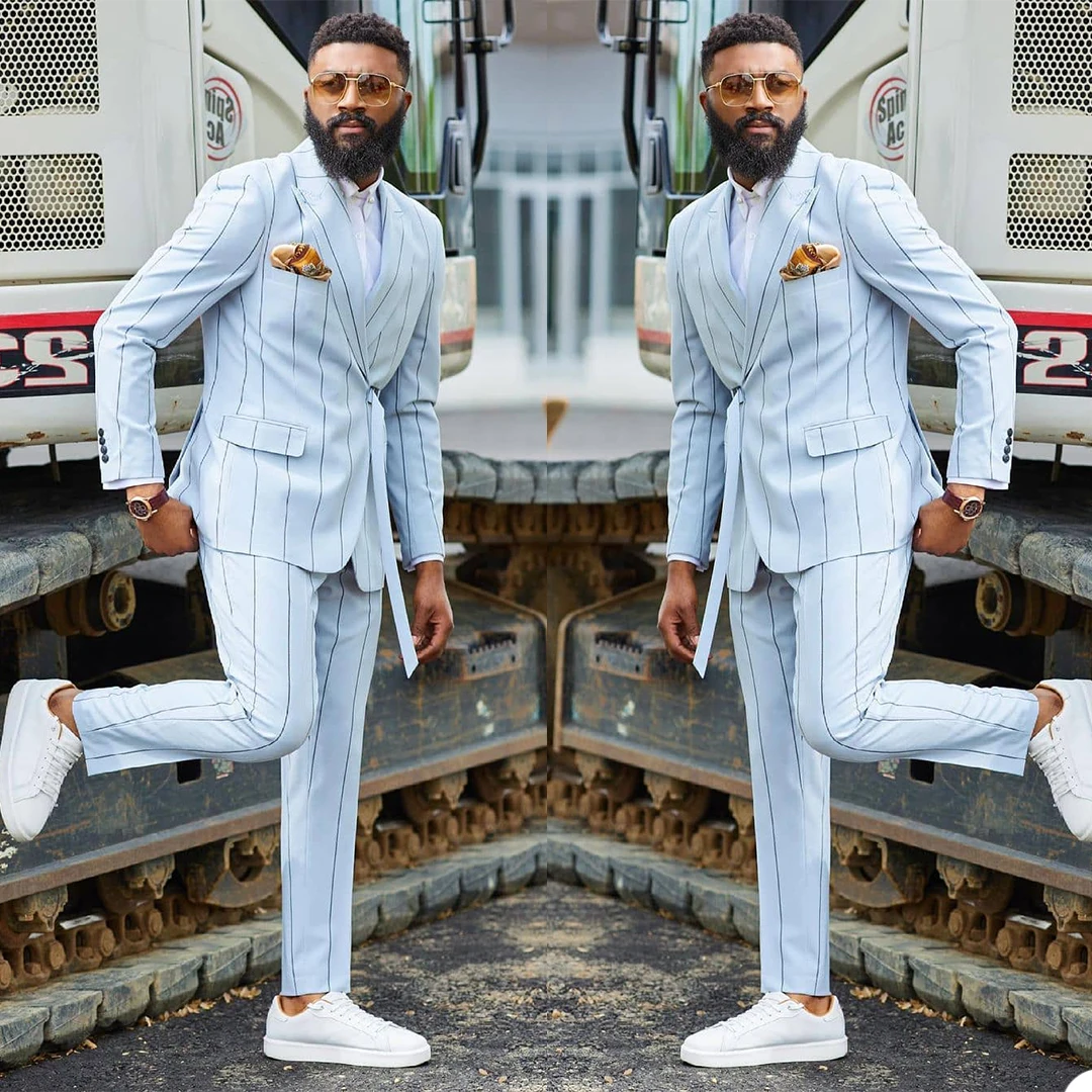 Esmoquin de boda a rayas finas para hombre, traje de boda de dos piezas, traje de fiesta de graduación, chaqueta y pantalones