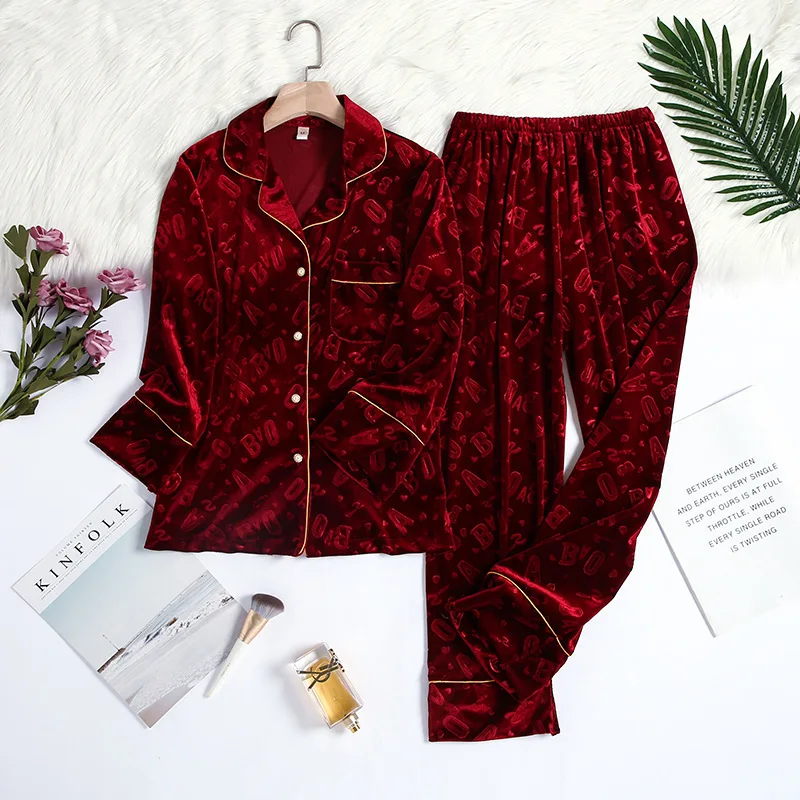 

Women Print Letter 2PCS Pajamas Sets Sexy Turn-Down Collar Velour Pyjamas Suit Bride Wedding Sleepwear Nightwear Autumn Homewear