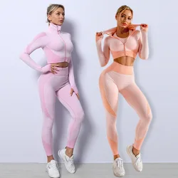 Women's Seamless Yoga Wear Sexy Shockproof Sports Bras Running Fitness Pants Fashion Tight Zipper T-Shirt Elastic Leggings Set