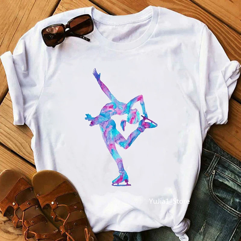 Ice Skating Watercolor Print Women\'S T-Shirt Girls Summer Fashion Tops Tee Shirt Femme Harajuku Kawaii Clothes Funny T Shirt