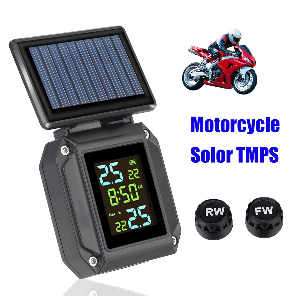 

Tire Pressure Monitoring System Solor USB Charge 2 External Sensors Motorcycle TPMS Tyre Temperature Alarm LCD Display