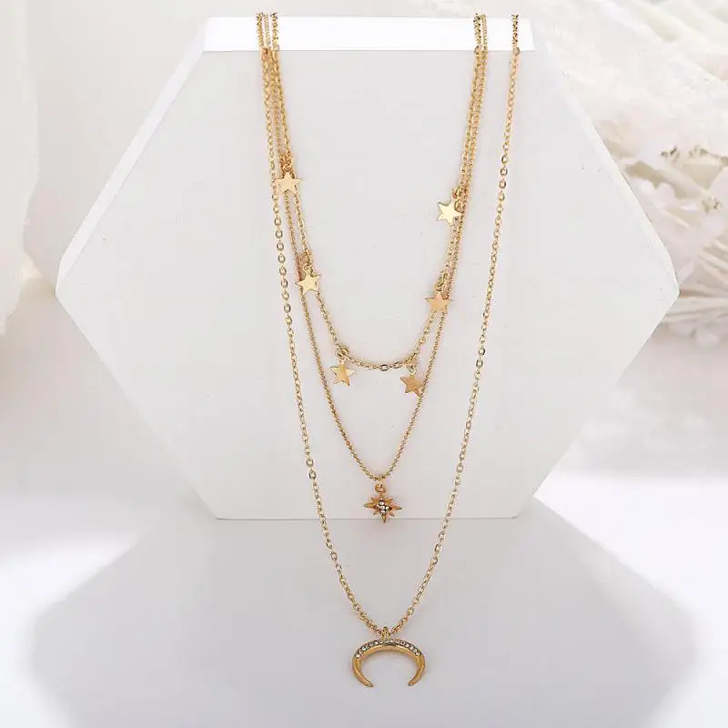 Glamour Necklace 2020 Fashion New Simple Temperament Eight Mans Star Crescent Pentagram Ms. Three-layer Necklace Gift