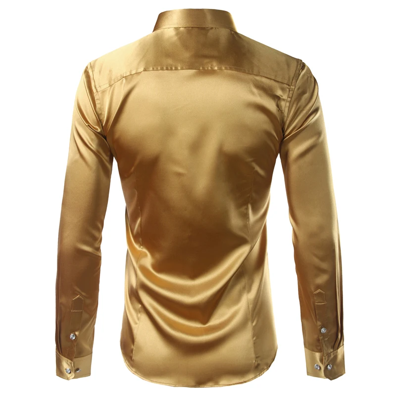 Men\'s Gold Shiny Satin Silk Like Dress Shirts 2020 Smooth Casual Dance Party Long Sleeve Wrinkle Free Tuxedo Shirt Men Chemise