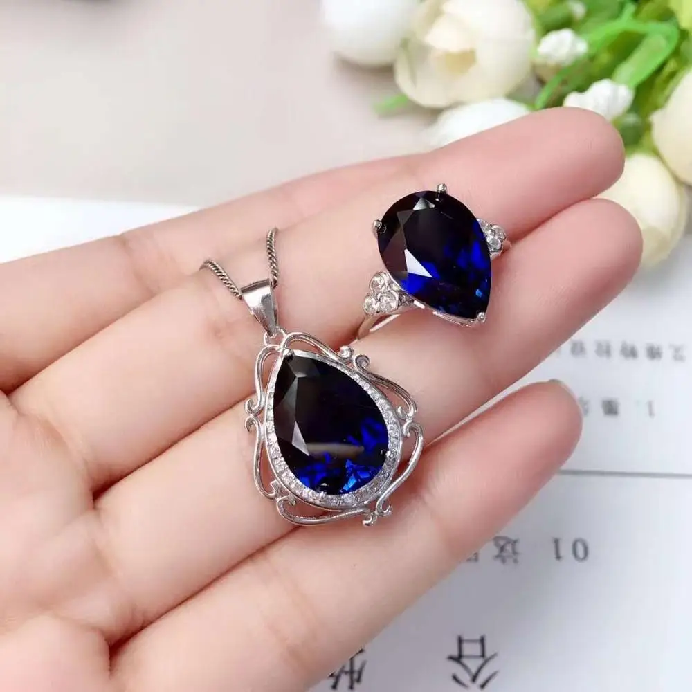 

Real Natural Sapphire jewelry set Natural Real Sapphire 925 sterling silver 1pc pendant,1pc ring