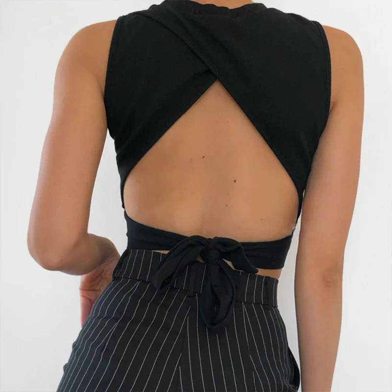 Sexy rücken freie Frauen Tank Top Bandage schlanke Crop Top Sommer lässig Streetwear Tops feste Baumwolle weiche Criss Cross Top