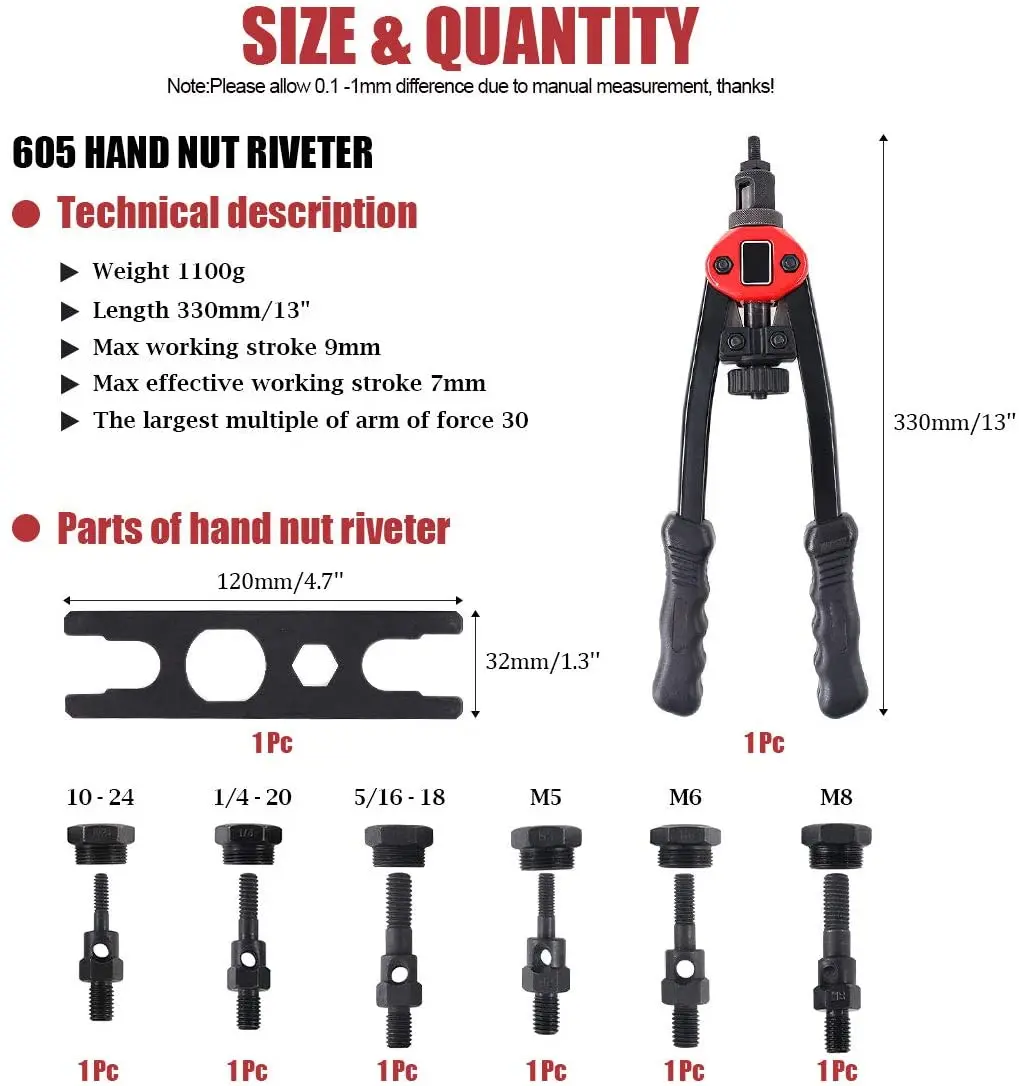 Kit de tuercas SUBAO BT606 de 13 pulgadas, con 6 husillos métricos y SAE M5, M6, M8, 10-24,1 / 4-20,5 /16-18 para una fácil operación de herramientas manuales