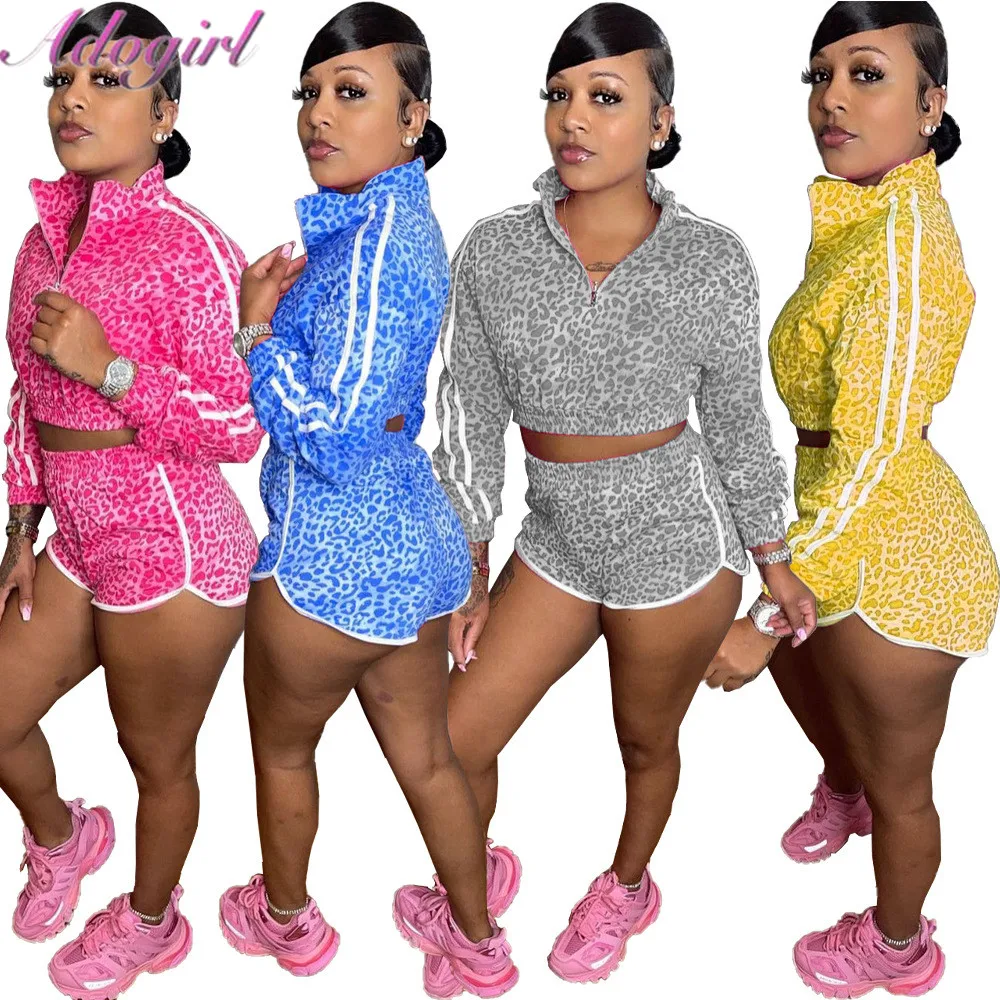 

Women Leopard Print Two Piece Set Outfit Sporty Tracksuit Casual Long Sleeve Zip Jacket Tops Jogger Shorts Street Matching Set