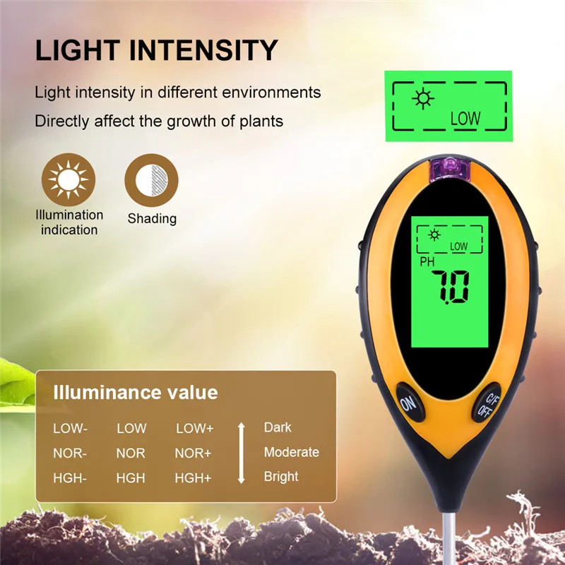 4 In 1 Digital PH Meter Soil Moisture Monitor Temperature Sunlight Acidity Tester Alkali Test Tool For Gardening Plants Farming