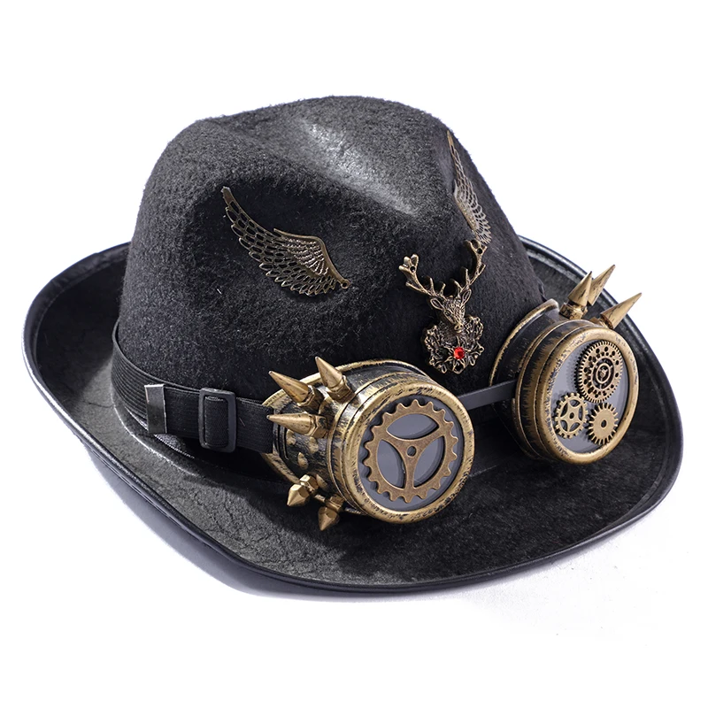 Steampunk Hat Vintage Detachable Goggles Rivet Wings Gothic Cowboy Hat Men Polyester Fishing Top Hats ​Halloween Party