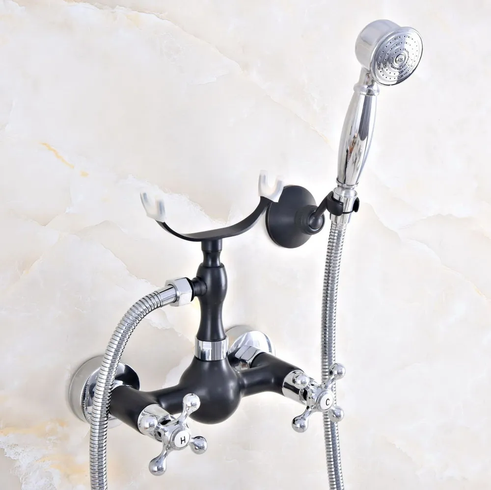 

Black Oil Rubbed & Chrome Brass Wall Mounted Bathtub Faucet with Handheld Shower Set +1500MM Hose Mixer Tap 2na628