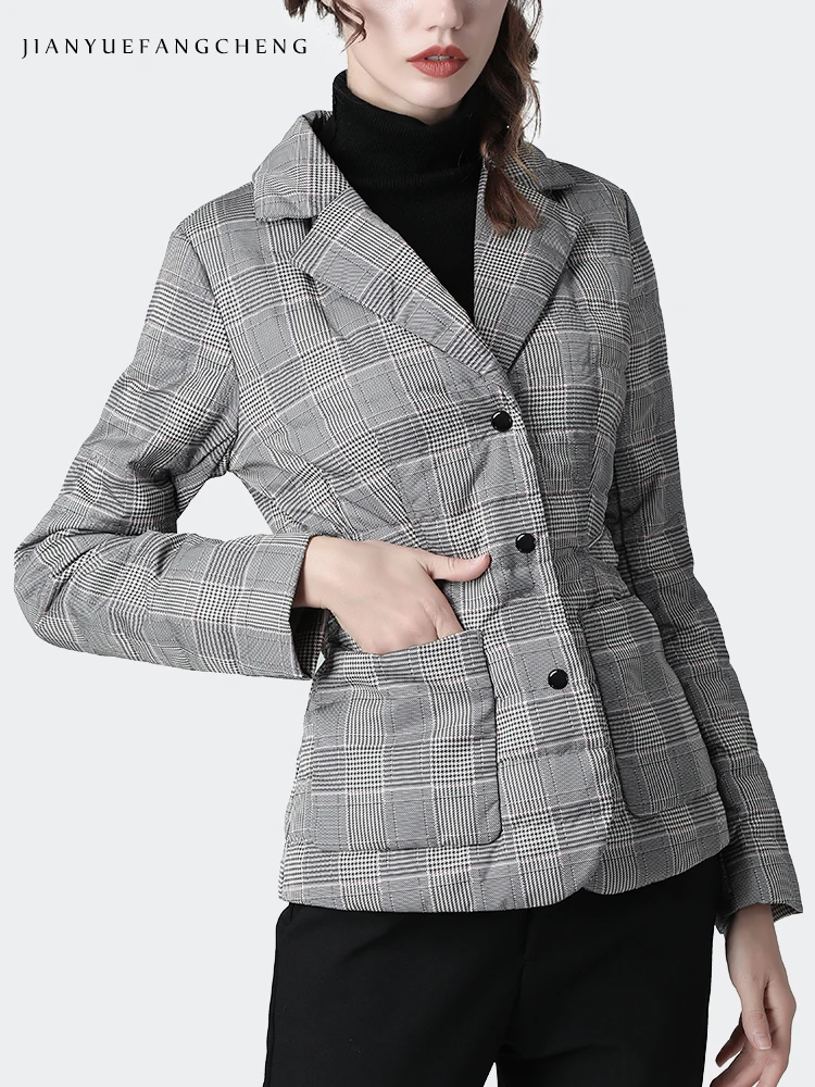 Elegant Suit Collar Gray Plaid Down Jacket Women Winter Warm Lightly Outwear Thin Puffer Coat Fashion Casual Ladies Down Jackets