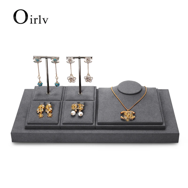 Oirlv Newly Gray PU Leather Jewelry Display Set with Microfiber Ring Display Stand Necklace Display for Shop Cabinet