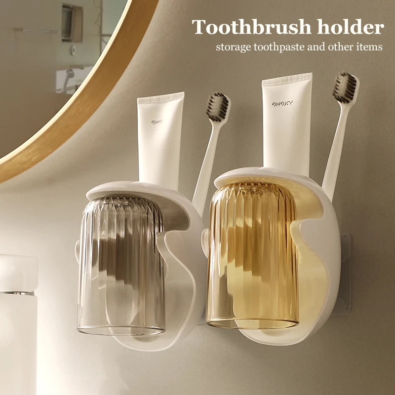 Toothbrush Holder Storage Toothpaste Razor Bathroom Cup Set Wall Mounted Self-adhesive Toilet Magnetic Toothbrush Cup Organizer