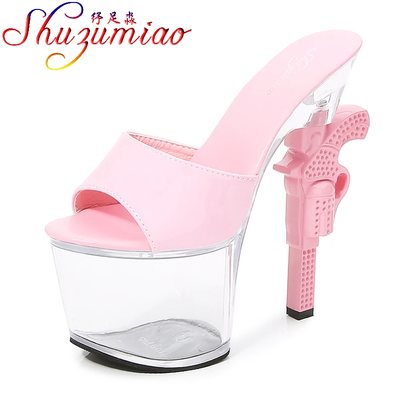 Shuzumiao Sexy Gun Heel Slippers Women Patent Leather Women Shoes 2021 Summer New Outside Slides Transparent Platform High Heels