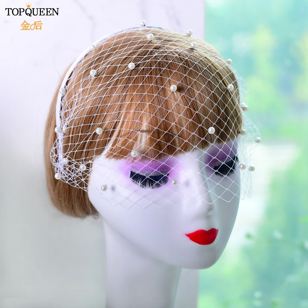 TOPQUEEN-Tule Gaiola Véu Com Pérolas, Gaiola Com Headband, Mini Véu, Véu De Casamento, Face, Cocktail Party, DIY, VA08