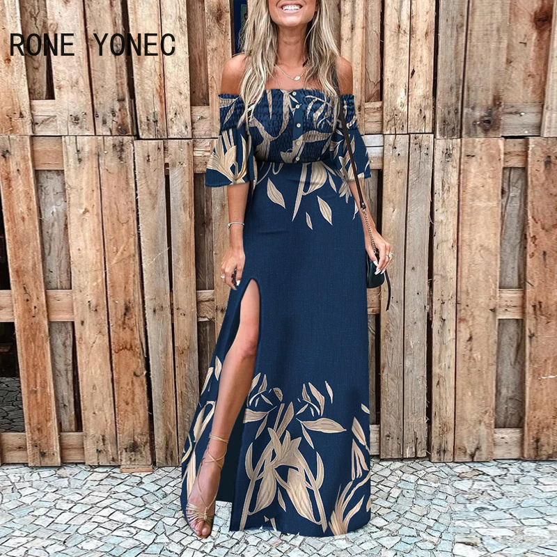 Vrouwen Bloemenprint Off Shoulder Roken Hoge Split Jurk Vakantie Jurk 2021