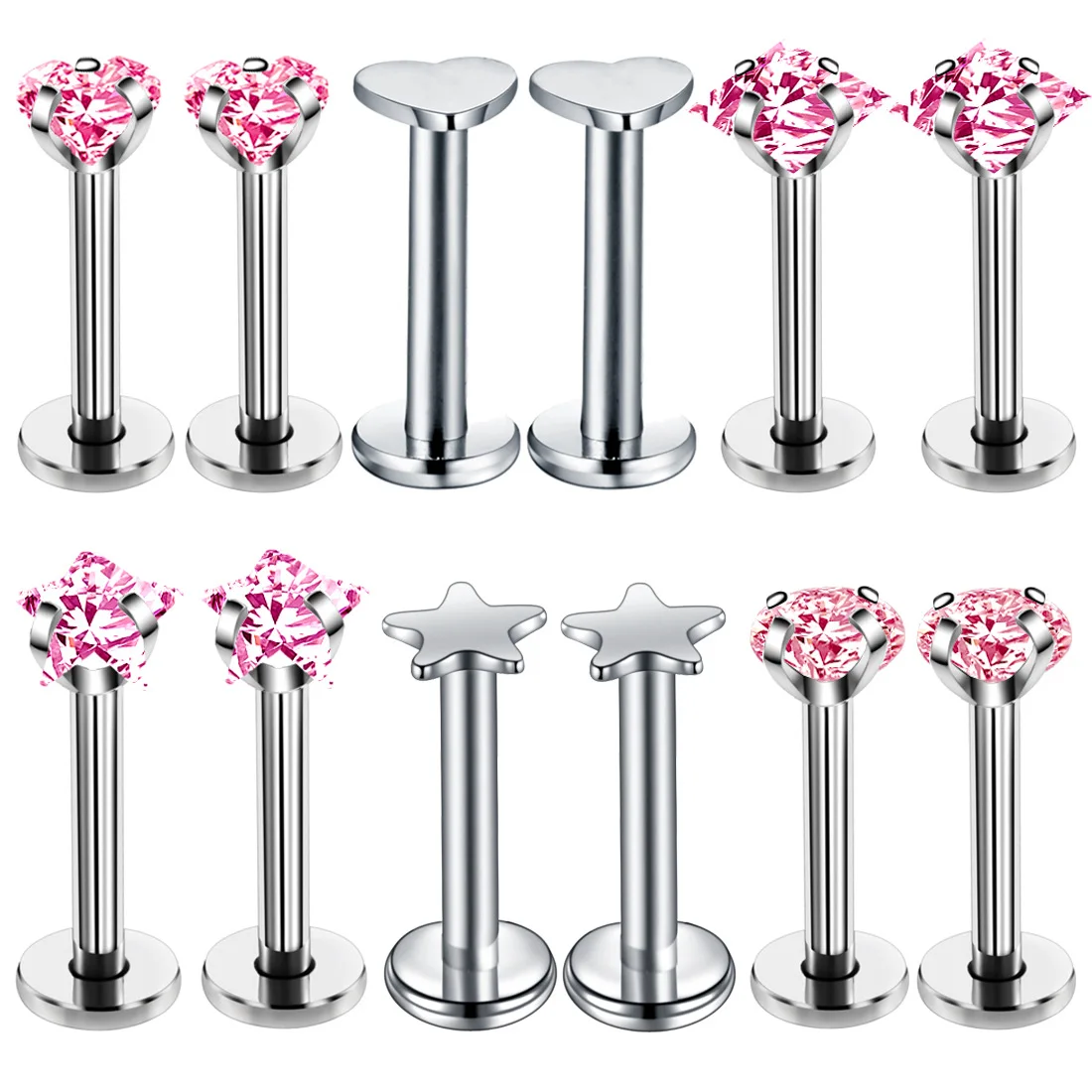 12Pc Surgical Steel Crystal Tragus Piercing Set 16G CZ Lip Ring Sud Lot Labret Piercing Bulk Cartilage Piercing Earring Stud Set