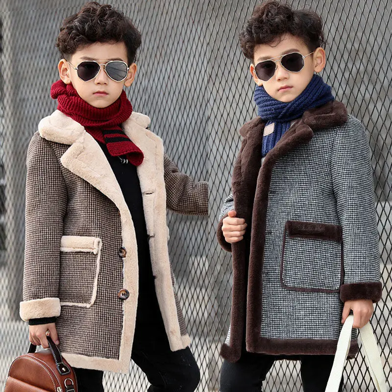 

2023 Children Casual Woolen Coat Fall Winter Boys Handsome Plush Velvet Heavy Outerwear Clothes Kids Splicing Pocket Trench Coat