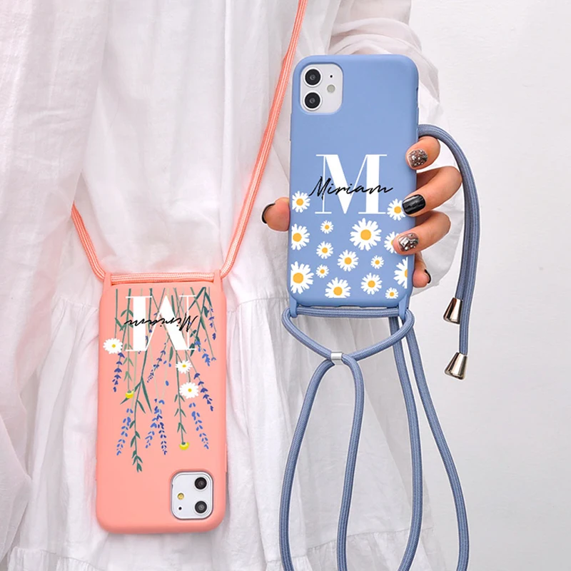 Custom Name Silicone Case for iPhone 11 12 Pro Max X XR XS SE 7 8 Plus Crossbody Lanyard Daisy Flower Phone Cover Girl With Rope