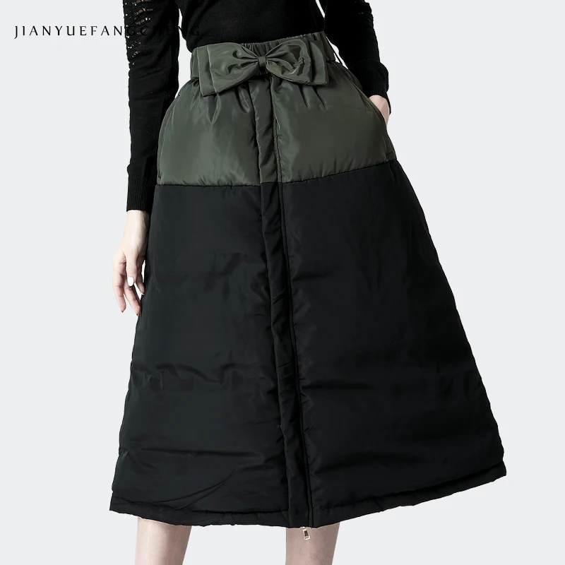 Womens Long Winter Skirts Splicing High Waist Duck Down Skirt Thicken Warm Plus Size A Line Maxi Skirt Female Mid-Calf Jupe