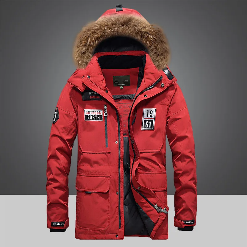 Men's Fashion Casual Down Jacket Mid-length Thick White Duck Down Winter Warm Hooded Large Fur Collar Jacket