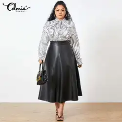 Celmia-saia longa retrô de couro PU feminina, saia OL de cintura alta, saia midi de festa, monocromática, plus size, outono, inverno, 2022