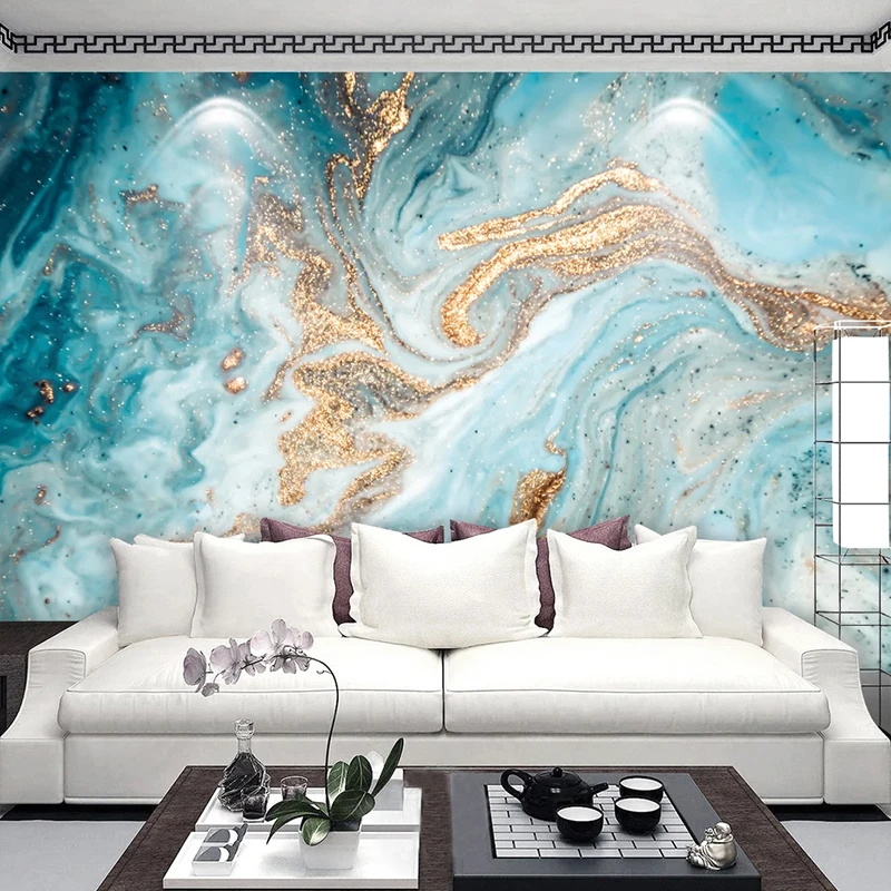 Custom 3D Mural Wallpaper Blue Ink Landscape Art Wall Painting Abstract Golden Marble Texture Living Room Wallpapers Home Decor