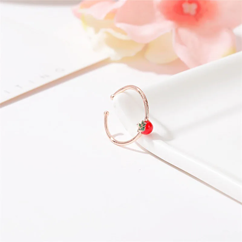 Hot Selling Fresh Freshness Girl Strawberry Open Ring Sweet Mori Articulation Ring Simple Literary Student Tail Ring Accessories