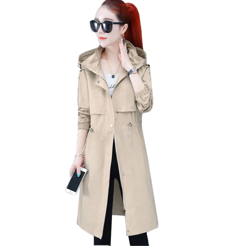 

Khaki Long Trench Coat Spring 2020 Lace Up Waist Hooded Thin Overcoat Women Solid Elegant Coats Female Windbreakers Plus Size