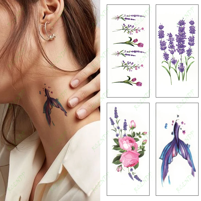 Водостойкая-Временная-тату-наклейка-цветок-Кит-хвост-фиолетовая-лаванда-флэш-тату-искусственная-тату-боди-арт-для-женщин-и-мужчин