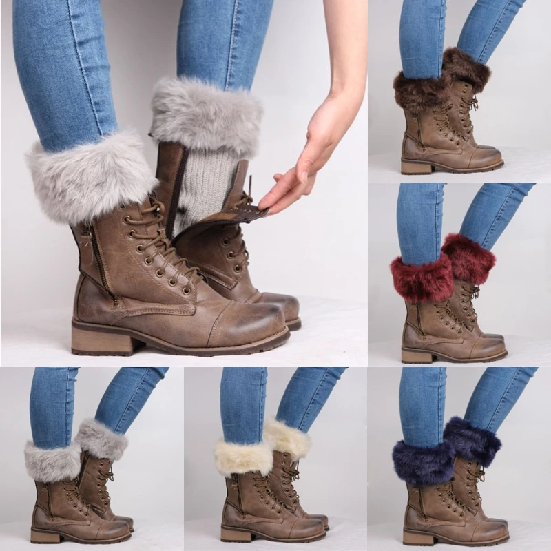 Womens Winter Warm Crochet Knit Fur Trim Leg Warmers Cuffs Toppers Boot Socks