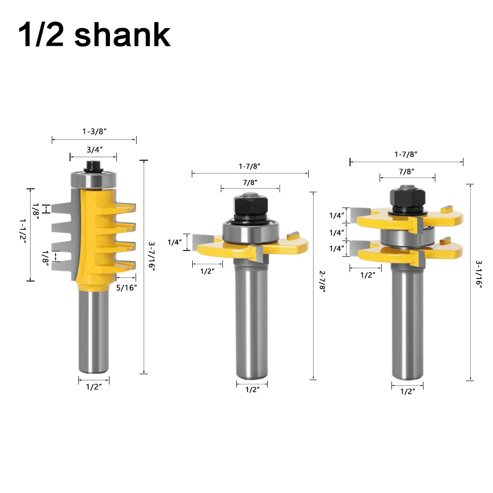 3pcs 12mm 1/2inch Shank Joint Assemble Router Bits Tongue & Groove T-Slot Milling Cutter for Wood Woodwork Cutting Tools