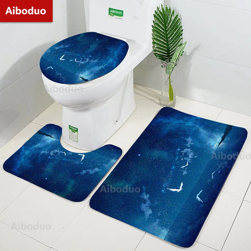 

Aiboduo Drop Shipping Blue Lake 3pcs/set Toilet Lid Cover Set NonSlip BathMat Stars Moon Art Home Decoration Restroom Rug Carpet