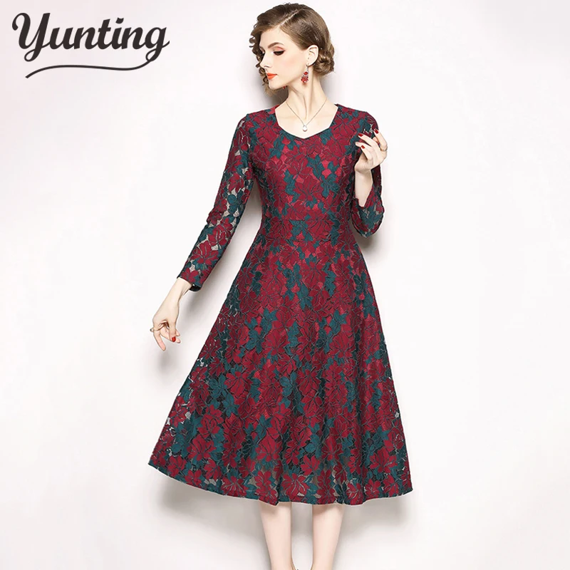 

2023 Autumn Lace Elegant Dresses Women Slim Party Long-Sleeve A-Line Casual Vestidos