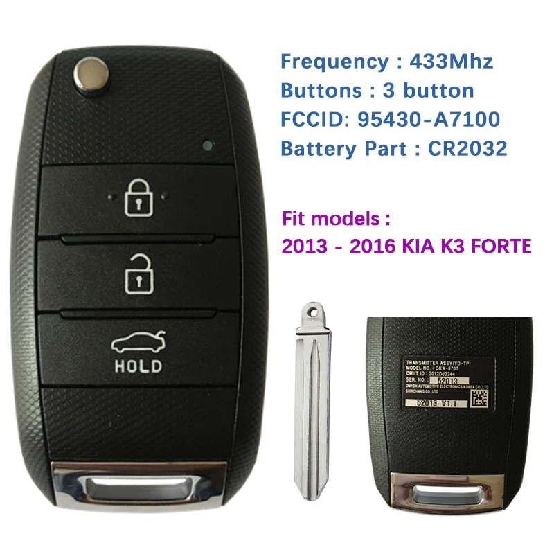 

CN051006 Original 3 Button Flip Key Remote 433Mhz OKA-870T(YD) FCCID 95430-A7100 For KIA K3 Forte 2013 - 2016