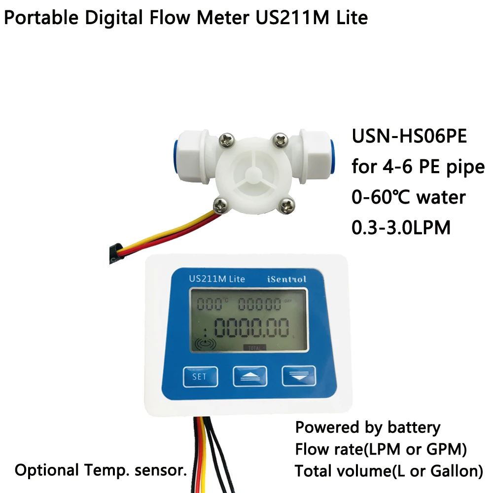 US211M Lite Portable Digital Flow Meter & USN-HS06PE Hall Sensor Turbinemeter 0.3-3.0L/min For 4*6 PE pipe Saier iSentrol