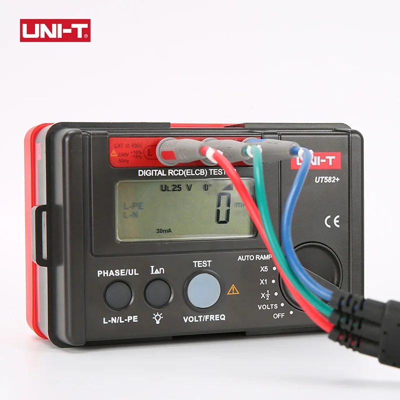 UNI-T UT582 + Digital RCD (ELCB) Tester Medidor de disjuntor de vazamento de RAMP automático com campainha de operação mal