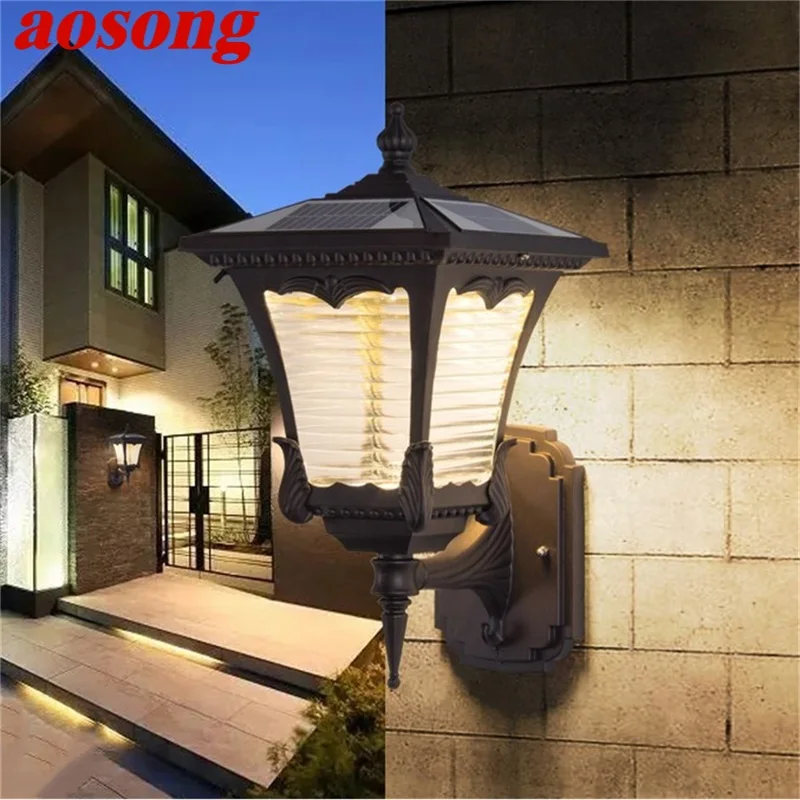 AOSONG Outdoor Wall Light Fixture Solar Modern Waterproof LED Patio Wall Lamp For Porch Balcony Courtyard Villa Aisle