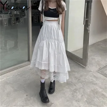 Schwarz Gothic Spitze Nähte Unregelmäßige Falten Rock Frauen Weiß Vintage Hohe Taille Langen Rock Koreanische Feste Hip Hop Streetwear