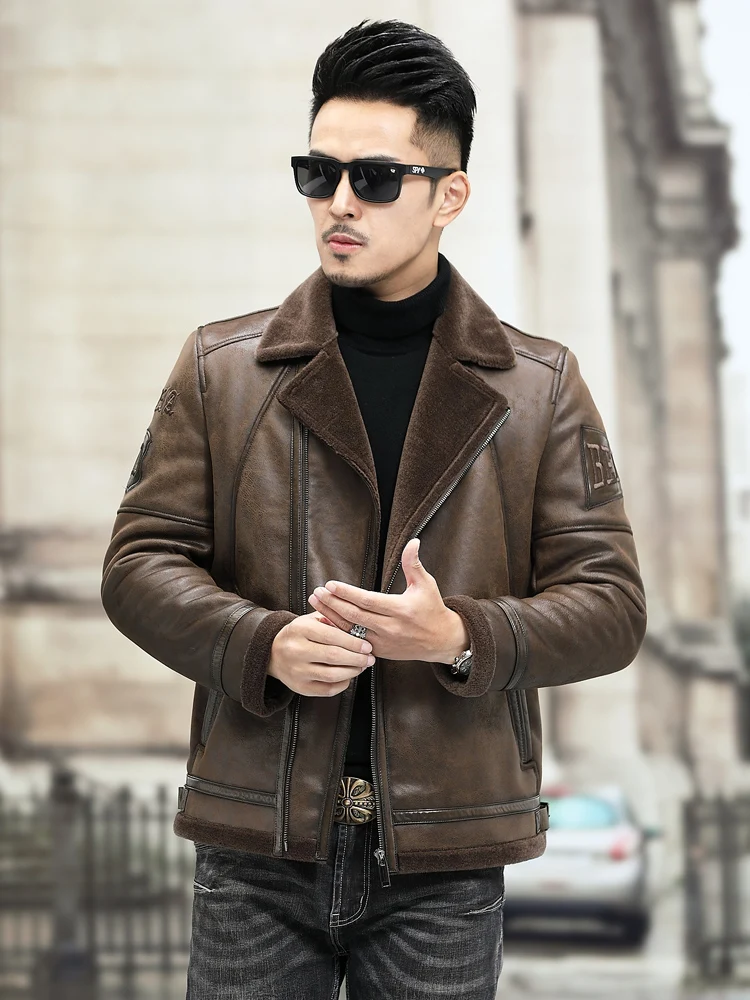 

2022 Winter Mens Sheep Shearling Real Sheepskin Fur Coat Men Turn-down Collar Clothing Genuine Leather Outwear Real Fur Coat H64