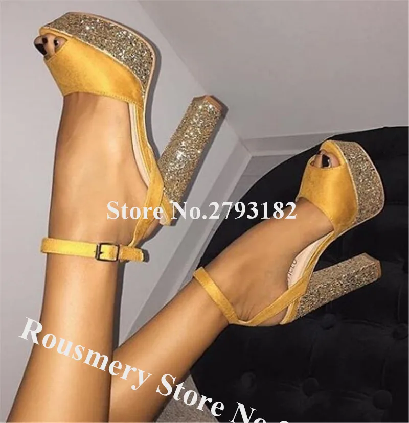 Bling Bling Women Glitters High Platform Chunky Heel Sandals Pink Yellow Patchwork Thick High Heel Sandals Wedding Heels