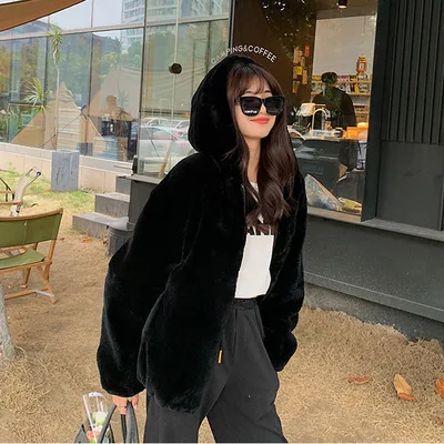 Oversize Parkas Women's Winter Fur Jacket Female Loose Faux Rabbit Fur Zip Hooded Thicken Short Fur Coat Thick Furry Warm Jacket
