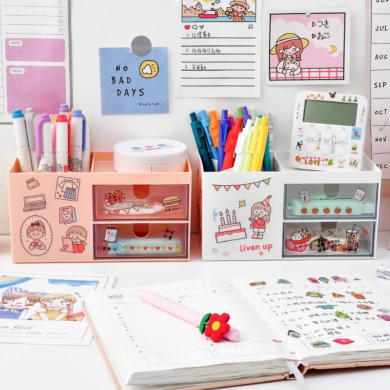 Creative Fashion Cute Pen Stand Desk Organizer Stationery With Decoration Stickers Holder Multifunctional Pencil Storage Box