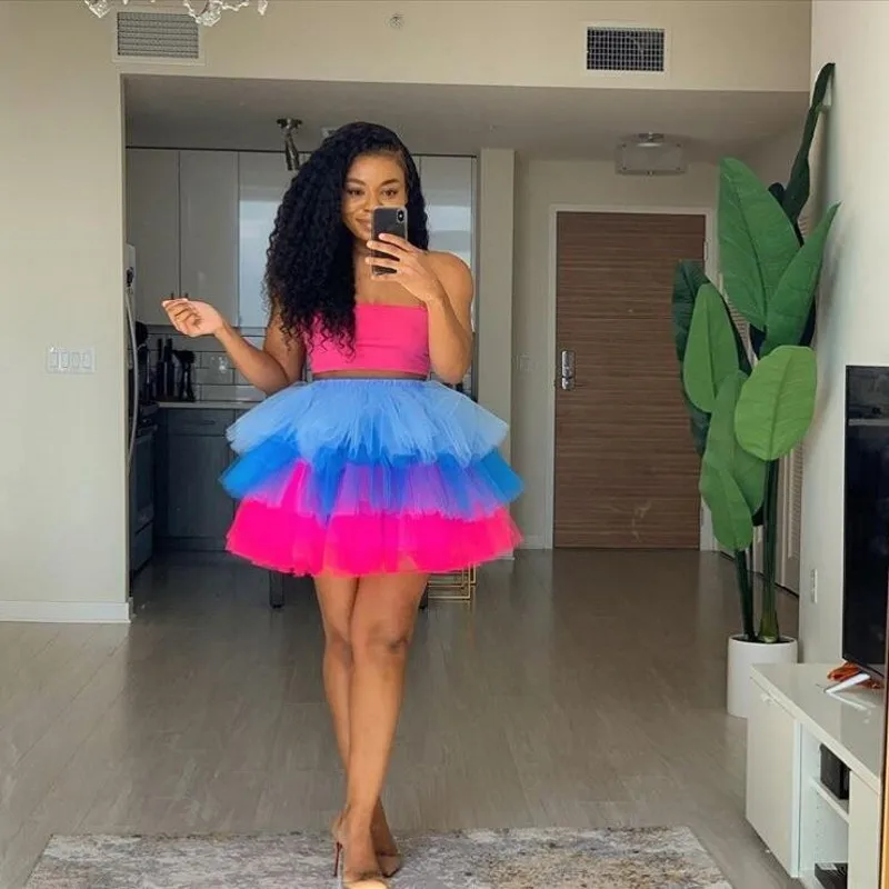 

Multi Colors Puffy Skirt Tulle saias 2021 Fluffy Skirts Women Elastic Band Short Skirt Party jupe femme