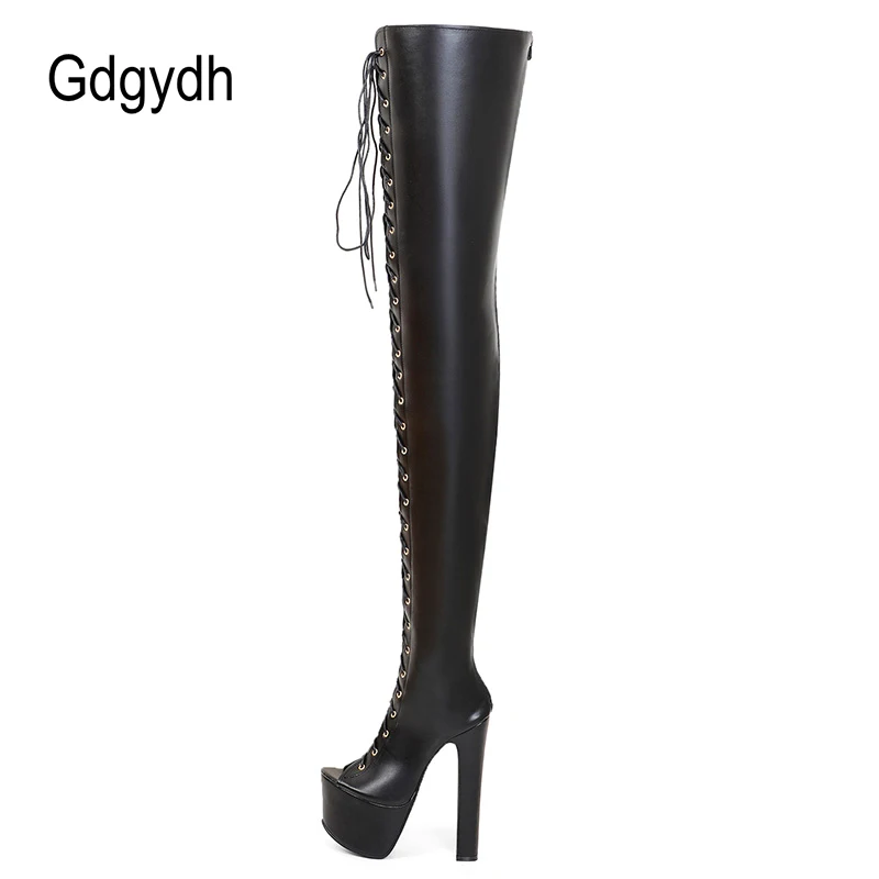 Gdgydh Thigh High Open Toe Boots Heels Sexy Lace Up Over The Knee Boots High Heels Shoes Pole Dance Plus Size Strappy Gladiator