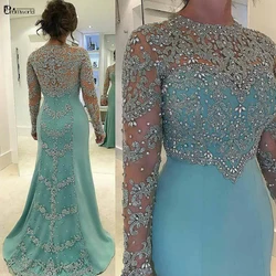 Beaded Long Sleeves Formal Prom Godmother Evening Wedding Party Guests Gown Mother of the Bride Dresses Sheer Plus Size