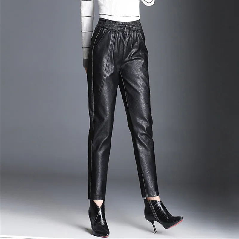 Women PU Leather Pants Fashion Drawstring Tie Ankle Trousers Elastic Waist Pants Pockets Black Streetwear Pantalones Mujer P162