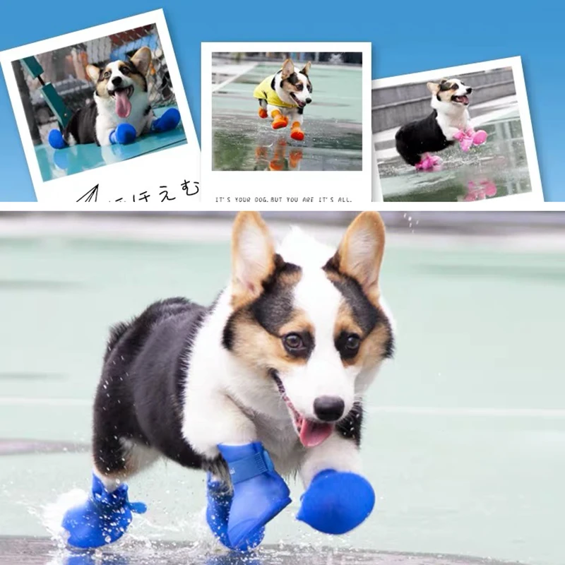 Pet dog rainshoes 4 sztuk/zestaw silikonowy, antypoślizgowy buty wodoodporne buty dla psów cukierkowy kolor pet deszczowe dni pojawiają się